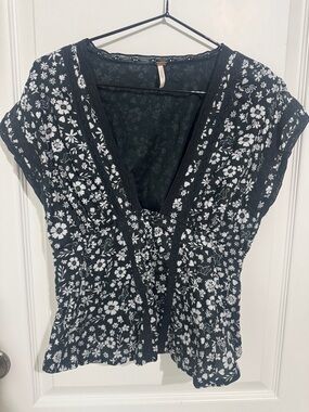 Free People Black and White Floral V-Neck Blouse